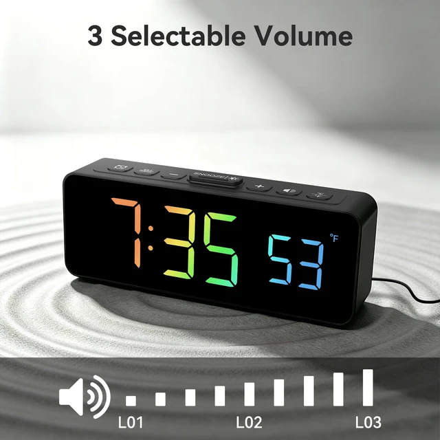 Alt view image 7 of 7 - 2-in-1 Digital Alarm Clocks for Living Room Bedroom | Small Clock with Temperature & Time Display - RGB Display, 4 Levels & off Birghtness, 3 Volumes, Plug-in Use, Compact, Snooze