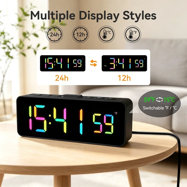 Alt view image 5 of 7 - 2-in-1 Digital Alarm Clocks for Living Room Bedroom | Small Clock with Temperature & Time Display - RGB Display, 4 Levels & off Birghtness, 3 Volumes, Plug-in Use, Compact, Snooze