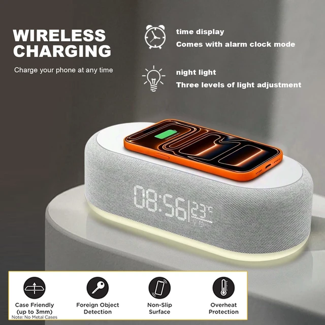 Alt view image 3 of 7 - 4 in 1 Wireless Charger Station with Digital Alarm Clock,15W Fast Charging Dock 12/24H Clock,Alarm Clocks Bedside,LED Display with Temperature,Dimmable Night Light,15W Fast Wireless Charger Station