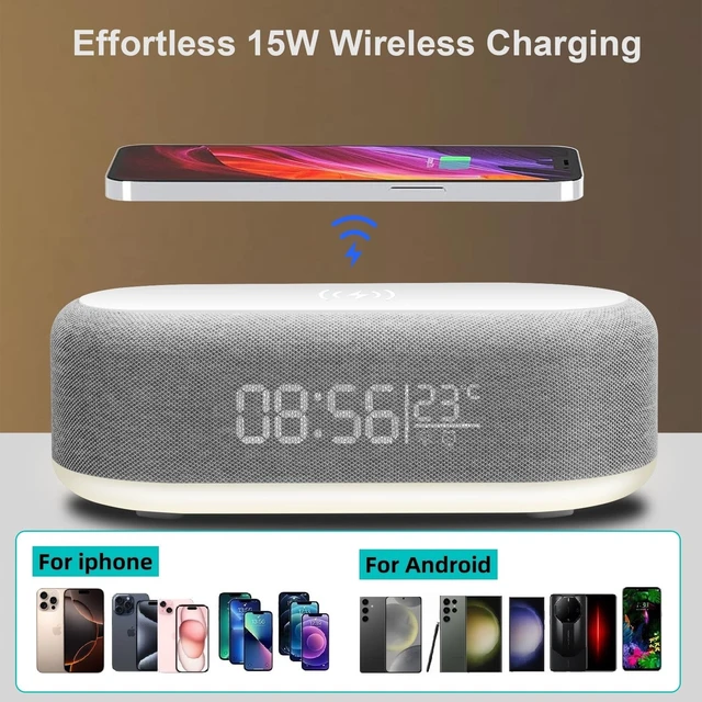 Alt view image 4 of 7 - 4 in 1 Wireless Charger Station with Digital Alarm Clock,15W Fast Charging Dock 12/24H Clock,Alarm Clocks Bedside,LED Display with Temperature,Dimmable Night Light,15W Fast Wireless Charger Station