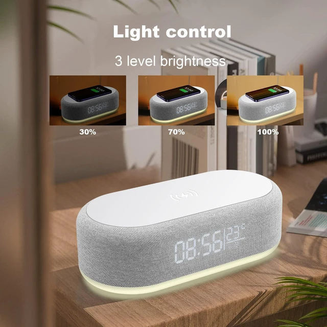 Alt view image 2 of 7 - 4 in 1 Wireless Charger Station with Digital Alarm Clock,15W Fast Charging Dock 12/24H Clock,Alarm Clocks Bedside,LED Display with Temperature,Dimmable Night Light,15W Fast Wireless Charger Station