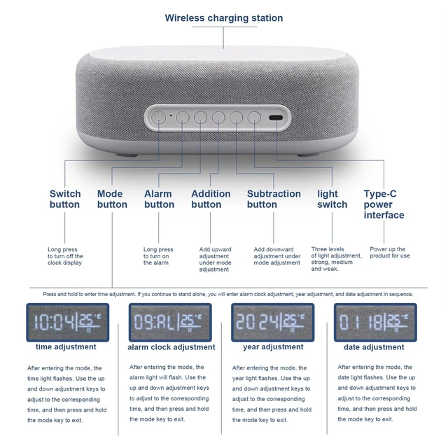 Alt view image 5 of 7 - 4 in 1 Wireless Charger Station with Digital Alarm Clock,15W Fast Charging Dock 12/24H Clock,Alarm Clocks Bedside,LED Display with Temperature,Dimmable Night Light,15W Fast Wireless Charger Station