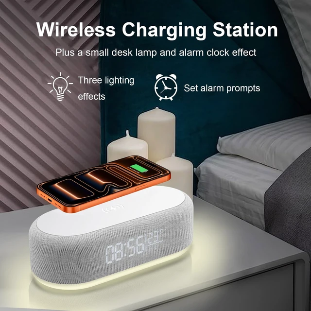 Alt view image 6 of 7 - 4 in 1 Wireless Charger Station with Digital Alarm Clock,15W Fast Charging Dock 12/24H Clock,Alarm Clocks Bedside,LED Display with Temperature,Dimmable Night Light,15W Fast Wireless Charger Station