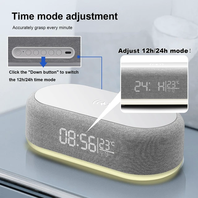 Alt view image 7 of 7 - 4 in 1 Wireless Charger Station with Digital Alarm Clock,15W Fast Charging Dock 12/24H Clock,Alarm Clocks Bedside,LED Display with Temperature,Dimmable Night Light,15W Fast Wireless Charger Station
