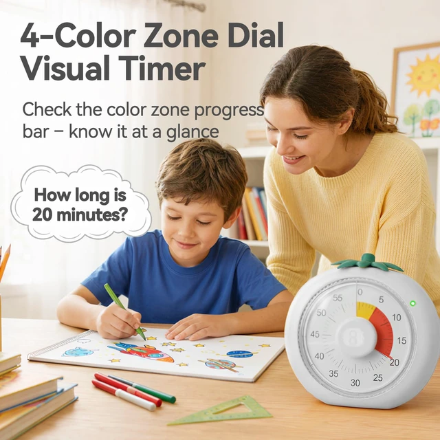 Alt view image 4 of 7 - Visual Timer, 60-Minute Countdown for Kitchen Classroom Homework | 4-Color Zone Dial with Cute Design, Kids Timer with Pomodoro Mode Time Management Tool for ADHD, Cooking & Baking