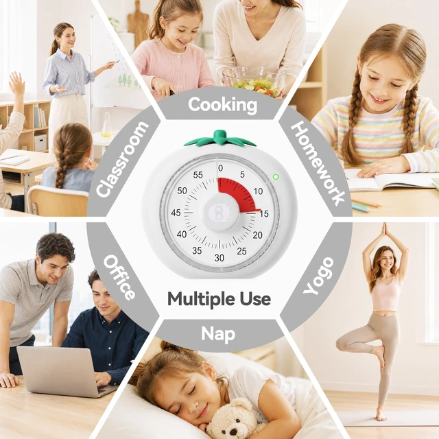 Alt view image 7 of 7 - Visual Timer, 60-Minute Countdown for Kitchen Classroom Homework | 4-Color Zone Dial with Cute Design, Kids Timer with Pomodoro Mode Time Management Tool for ADHD, Cooking & Baking