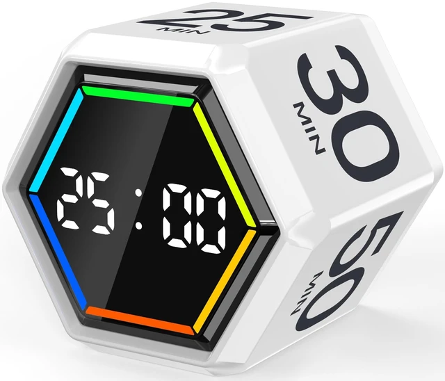 Main image of Rotating Pomodoro Timer Cube 3/5/10/25/30/50 min with Colorful Visual Bar | Desk Productivity Flip Timer for Kids Adults, Vibration/Silent/Sound, Adjustable Volume, for ADHD Study Work, White