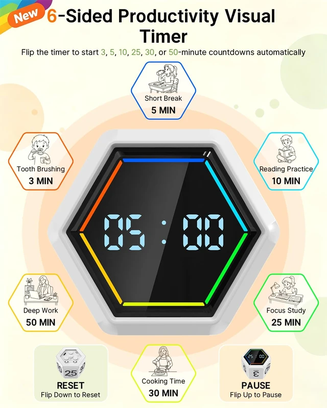 Alt view image 2 of 7 - Rotating Pomodoro Timer Cube 3/5/10/25/30/50 min with Colorful Visual Bar | Desk Productivity Flip Timer for Kids Adults, Vibration/Silent/Sound, Adjustable Volume, for ADHD Study Work, White