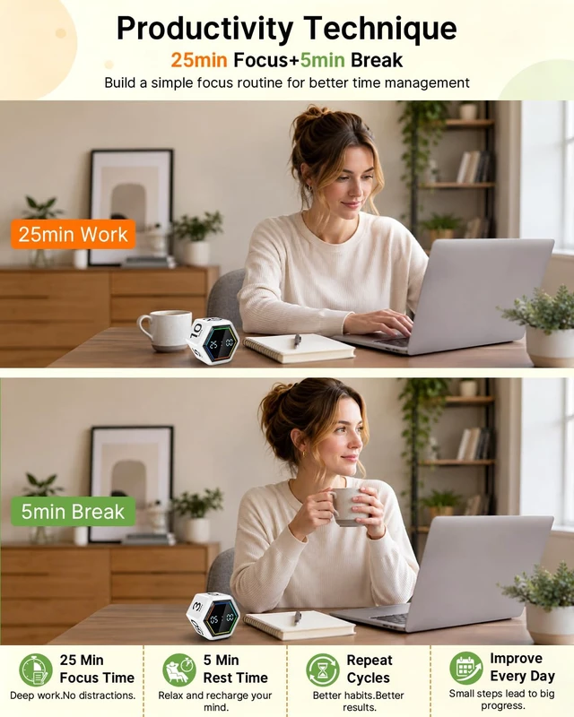 Alt view image 3 of 7 - Rotating Pomodoro Timer Cube 3/5/10/25/30/50 min with Colorful Visual Bar | Desk Productivity Flip Timer for Kids Adults, Vibration/Silent/Sound, Adjustable Volume, for ADHD Study Work, White