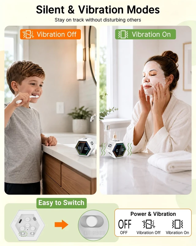 Alt view image 5 of 7 - Rotating Pomodoro Timer Cube 3/5/10/25/30/50 min with Colorful Visual Bar | Desk Productivity Flip Timer for Kids Adults, Vibration/Silent/Sound, Adjustable Volume, for ADHD Study Work, White