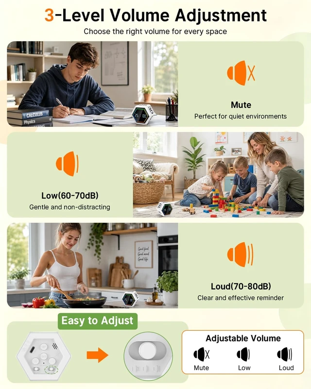Alt view image 4 of 7 - Rotating Pomodoro Timer Cube 3/5/10/25/30/50 min with Colorful Visual Bar | Desk Productivity Flip Timer for Kids Adults, Vibration/Silent/Sound, Adjustable Volume, for ADHD Study Work, White