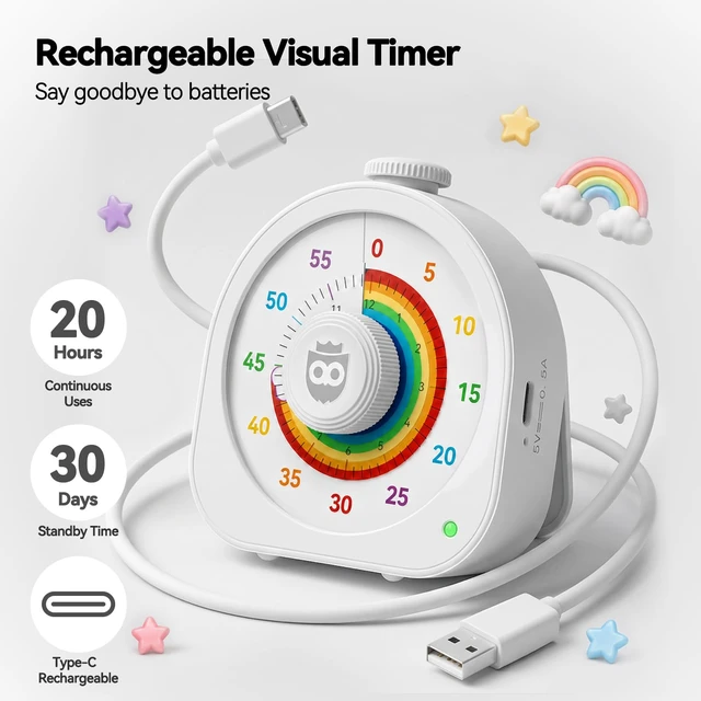 Alt view image 4 of 7 - Visual Timer for Kids, Rechargeable Rainbow 60-Min/12-Hour Countdown, White | RECHARGEABLE: Built-in battery eliminates the need for batteries, making this visual timer easy to use at home, school