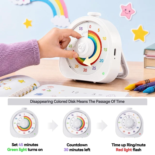 Alt view image 3 of 7 - Visual Timer for Kids, Rechargeable Rainbow 60-Min/12-Hour Countdown, White | RECHARGEABLE: Built-in battery eliminates the need for batteries, making this visual timer easy to use at home, school