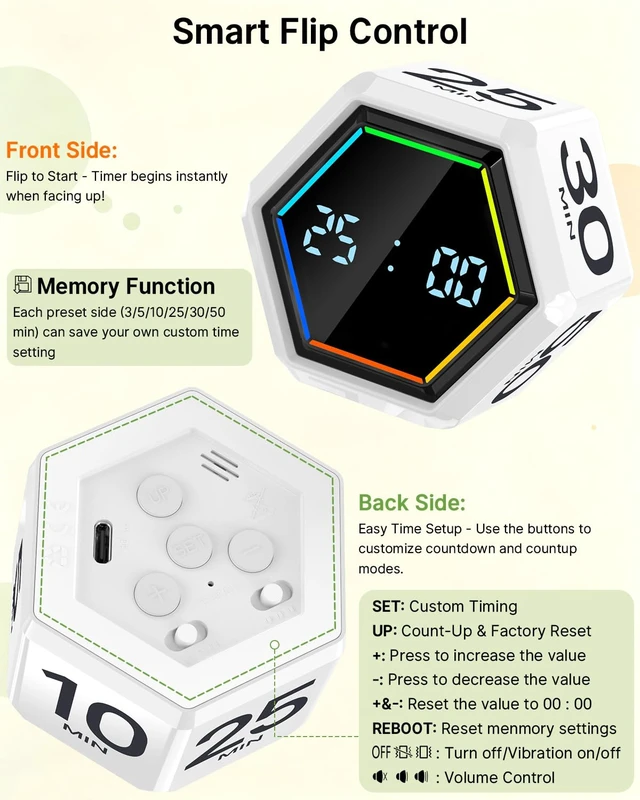 Alt view image 7 of 7 - Rotating Pomodoro Timer Cube 3/5/10/25/30/50 min with Colorful Visual Bar | Desk Productivity Flip Timer for Kids Adults, Vibration/Silent/Sound, Adjustable Volume, for ADHD Study Work, White