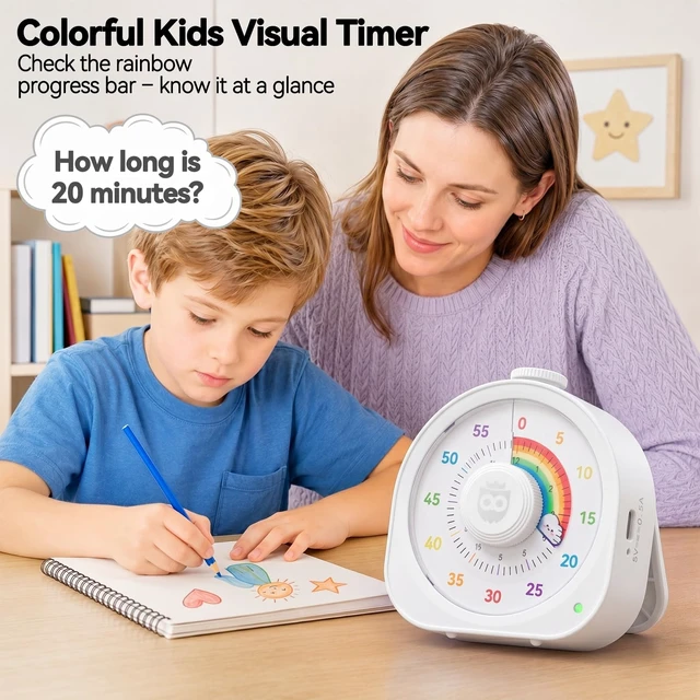 Alt view image 5 of 7 - Visual Timer for Kids, Rechargeable Rainbow 60-Min/12-Hour Countdown, White | RECHARGEABLE: Built-in battery eliminates the need for batteries, making this visual timer easy to use at home, school