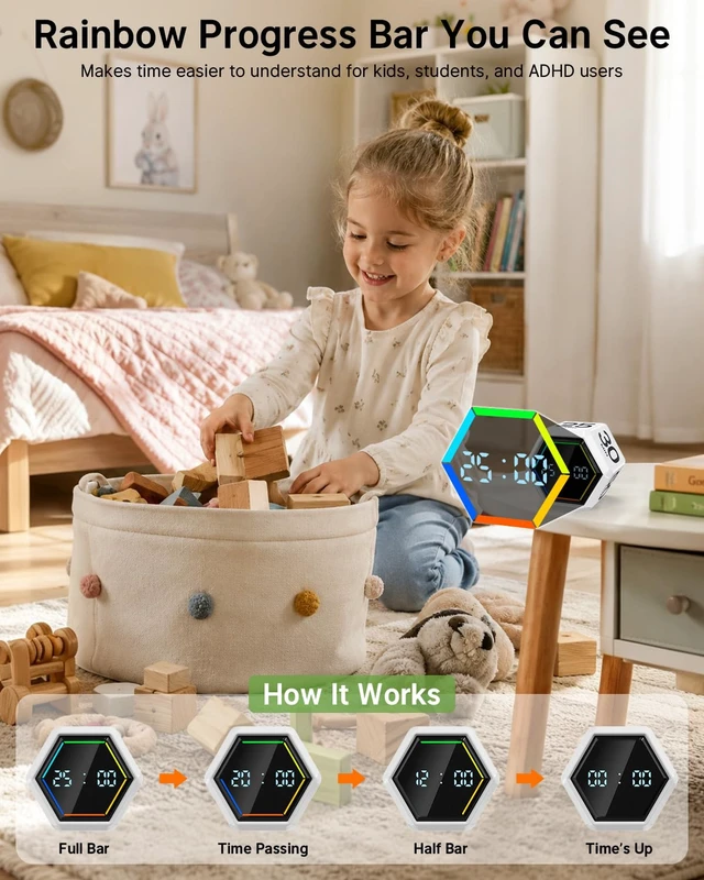 Alt view image 6 of 7 - Rotating Pomodoro Timer Cube 3/5/10/25/30/50 min with Colorful Visual Bar | Desk Productivity Flip Timer for Kids Adults, Vibration/Silent/Sound, Adjustable Volume, for ADHD Study Work, White