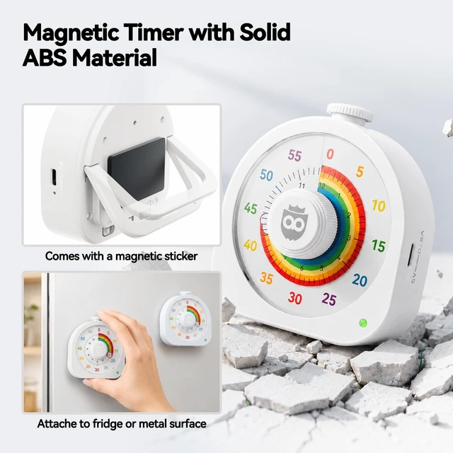 Alt view image 7 of 7 - Visual Timer for Kids, Rechargeable Rainbow 60-Min/12-Hour Countdown, White | RECHARGEABLE: Built-in battery eliminates the need for batteries, making this visual timer easy to use at home, school
