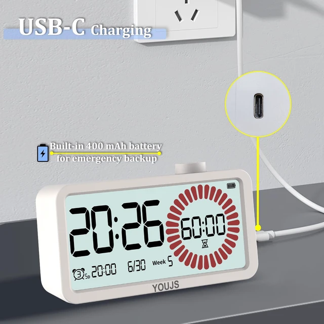Alt view image 5 of 7 - Visual Timer 4-in-1 Alarm Clock,for Heavy Sleepers Student Kids | 3 Programmable SettingUSB-C Charging3 working modelsVisual countdown,Built-in Battery,Study,LCD Eyecare,ADHD Focus