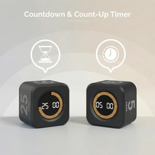 Alt view image 3 of 7 - Pomodoro Timer Visual - Productivity Pomodoro Cube, 5/10/25/50 Min Countdown & Countup, Silent Ideal for Work Study Cook Workout Kitchen School Classroom Office ADHD Gift Kids (1, Black)