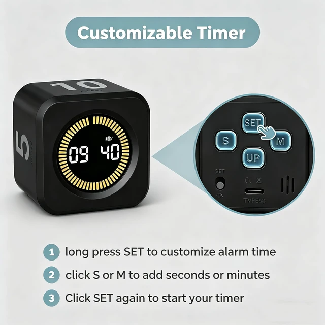 Alt view image 7 of 7 - Pomodoro Timer Visual - Productivity Pomodoro Cube, 5/10/25/50 Min Countdown & Countup, Silent Ideal for Work Study Cook Workout Kitchen School Classroom Office ADHD Gift Kids (1, Black)