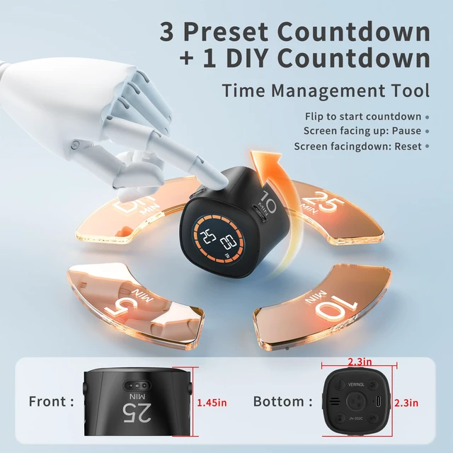 Alt view image 2 of 6 - Productivity Timer, 5/10/25/45 Minute Presets for ADHD | Custom Timer, Countdown & Stopwatch with Sound, Mute & Vibration Modes, Gravity Sensor for Work, Study and Kitchen
