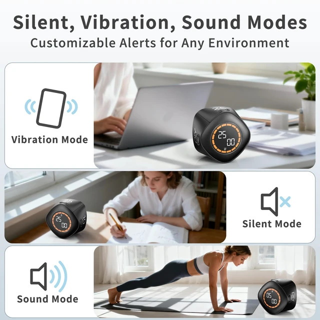Alt view image 4 of 6 - Productivity Timer, 5/10/25/45 Minute Presets for ADHD | Custom Timer, Countdown & Stopwatch with Sound, Mute & Vibration Modes, Gravity Sensor for Work, Study and Kitchen