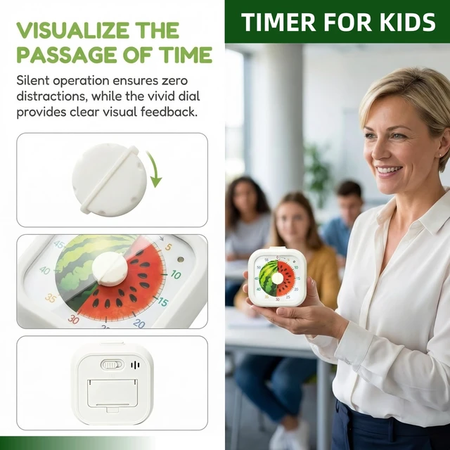 Alt view image 2 of 7 - 60 Minute Visual Timer for Kids, Silent Countdown Timer with Fruit Pattern, Time Management Tool, Timer for Classroom, Study, Kitchen, Office and Teaching (Rainbow)