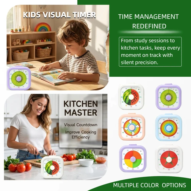 Alt view image 7 of 7 - 60 Minute Visual Timer for Kids, Silent Countdown Timer with Fruit Pattern, Time Management Tool, Timer for Classroom, Study, Kitchen, Office and Teaching (Rainbow)
