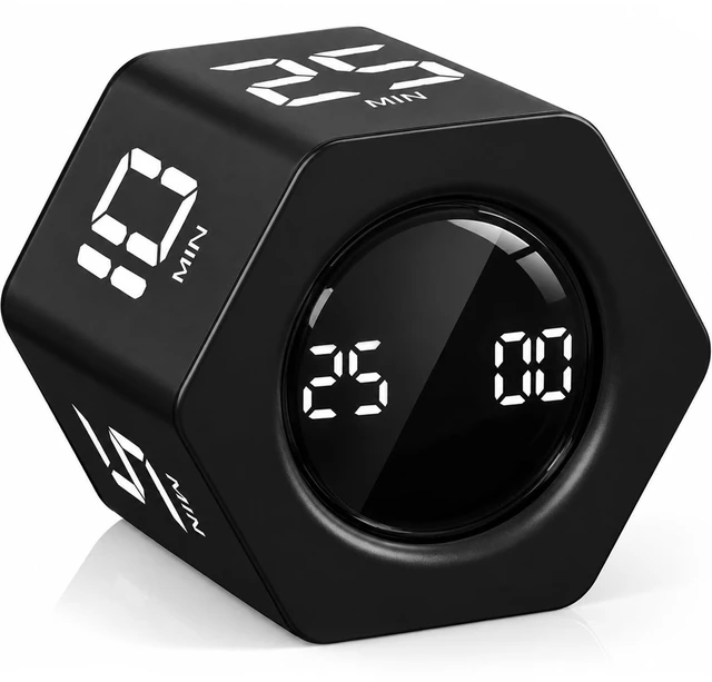 Main image of Rotating Productivity Timer 5, 25, 10 30,60 Mins Preset Stopwatch, Desk Flip ProductivityTimer, ADHD Tool Hexagon, Vibration/Mute/Alarm, for Work, Study, Back to School, Kitchen, Black