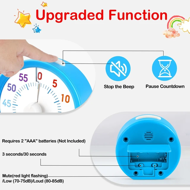 Alt view image 4 of 7 - 60-Minute Visual Timer, Rainbow Classroom Timers for Kids | Mute/Low/Loud Volume, 3S/30S Ringtone Duration, Low Power Reminder, Time Management Tool with Pause Function (Blue & Star)