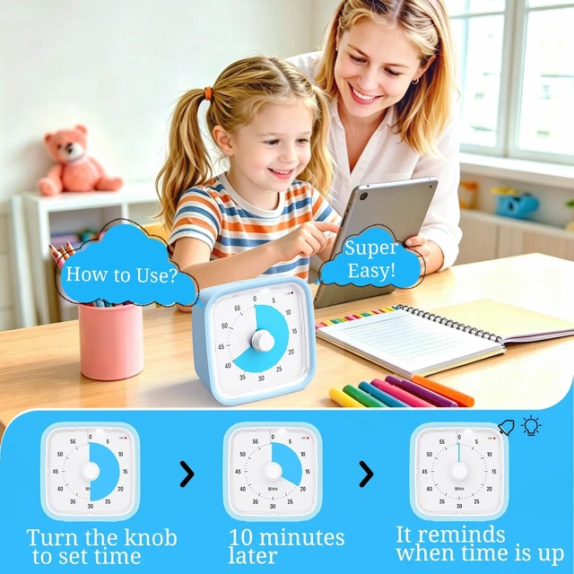 Alt view image 3 of 7 - Visual Timer for Kids and Adult, 60-min Countdown Timer, LightBlue | Cute Timer for Homeschool Study, Screen Game, Classroom, Office, with Silicone Case, 3 Alarm Options, Low Battery Reminder