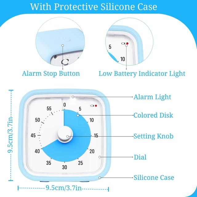 Alt view image 6 of 7 - Visual Timer for Kids and Adult, 60-min Countdown Timer, LightBlue | Cute Timer for Homeschool Study, Screen Game, Classroom, Office, with Silicone Case, 3 Alarm Options, Low Battery Reminder
