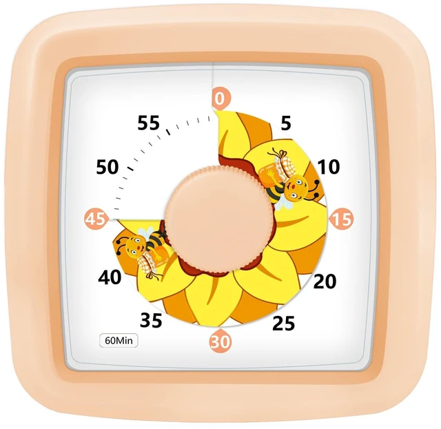 Main image of Visual Timer for Kids 60 Minute Silent Countdown Clock Timers with Sunflower & Bee Design, Desk Timers for Classroom Must Haves Focus Aid, Toddler Timer for Home Kitchen Homework, Orange