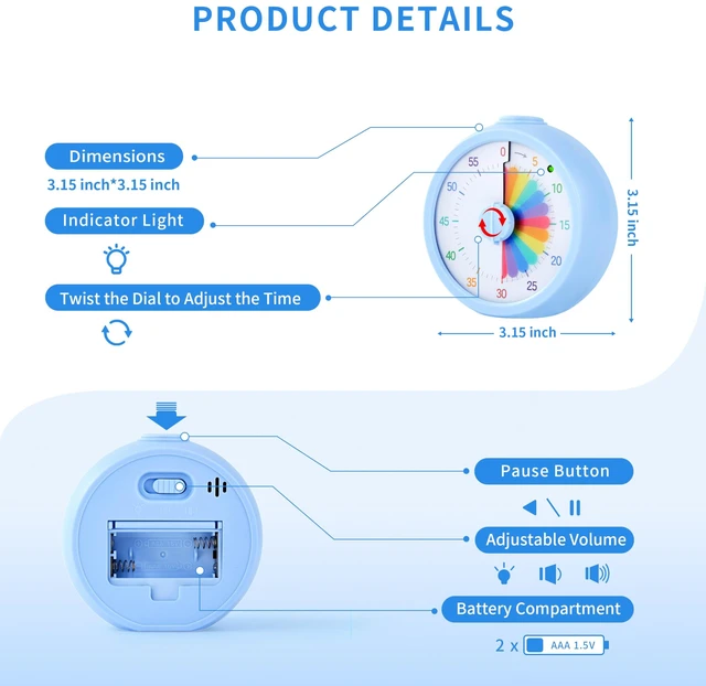 Alt view image 5 of 6 - Visual Timer, 60-Minute Countdown Timer for Kids, Adults, Classroom & Home | 60-minute visual countdown, adjustable volume, silent operation, pause button, colorful time display for classroom, study