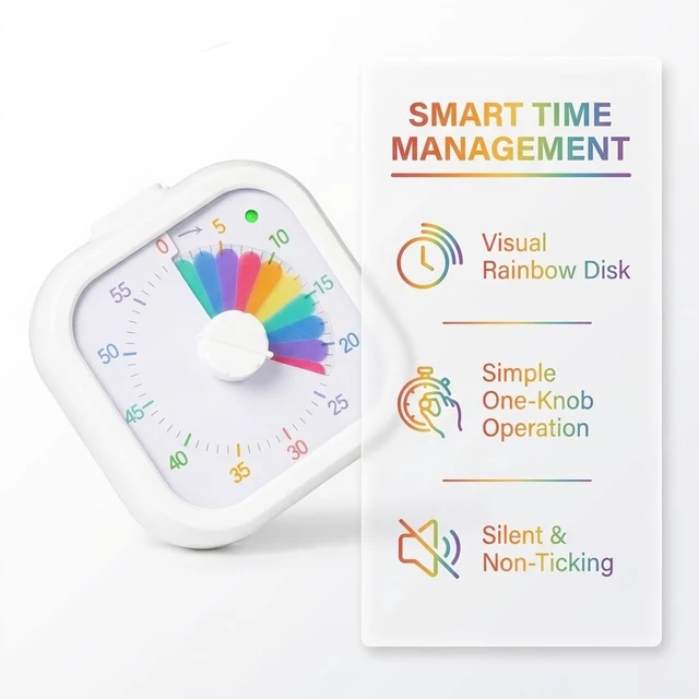 Alt view image 5 of 7 - Visual Timer with Rainbow Pattern, 60-Minute Countdown Timer for Kids and Adults, Silent Pomodoro Timer for Classroom, Kitchen, Office & Teaching, Time Management Tool (White)