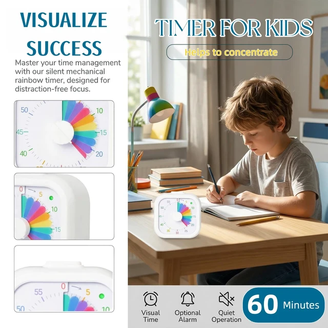 Alt view image 7 of 7 - Visual Timer with Rainbow Pattern, 60-Minute Countdown Timer for Kids and Adults, Silent Pomodoro Timer for Classroom, Kitchen, Office & Teaching, Time Management Tool (White)