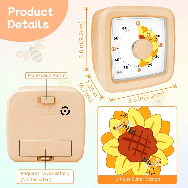 Alt view image 3 of 7 - Visual Timer for Kids 60 Minute Silent Countdown Clock Timers with Sunflower & Bee Design, Desk Timers for Classroom Must Haves Focus Aid, Toddler Timer for Home Kitchen Homework, Orange