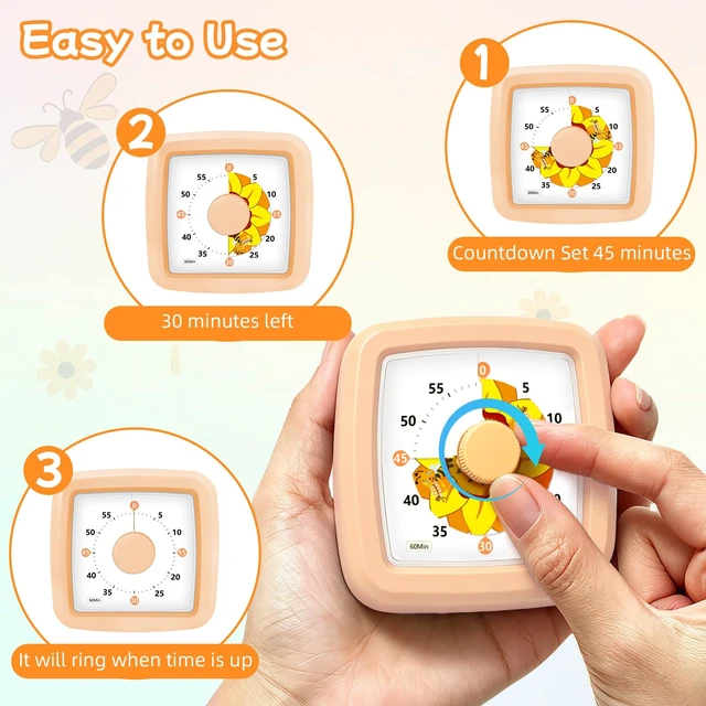 Alt view image 6 of 7 - Visual Timer for Kids 60 Minute Silent Countdown Clock Timers with Sunflower & Bee Design, Desk Timers for Classroom Must Haves Focus Aid, Toddler Timer for Home Kitchen Homework, Orange