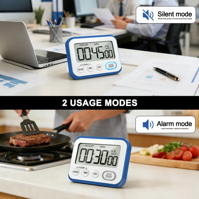 Alt view image 5 of 7 - Digital Kitchen Timer Magnetic Loud Alarm, Large LCD Screen Silent/Beeping Multi-Function for Teachers Classroom Kids, Blue
