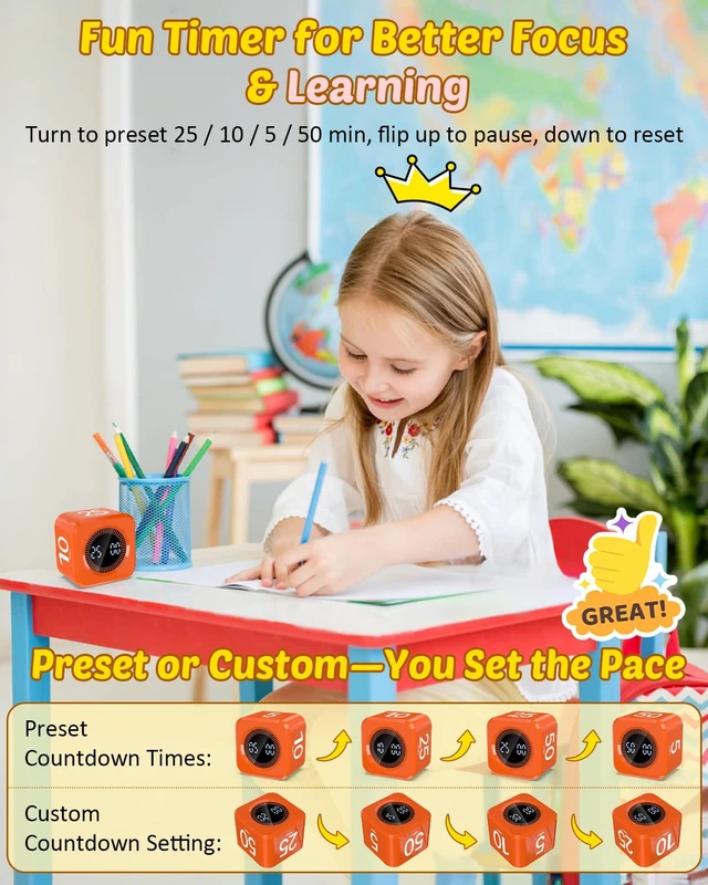 Alt view image 2 of 7 - Digital Pomodoro Timer Cube 5/10/25/50min Preset, Silent & Sound Alarm | Visual Productivity Flip Timer for Kids Classroom Desk, Custom Countdown, Gravity Sensor, for ADHD Study Work Game Kitchen