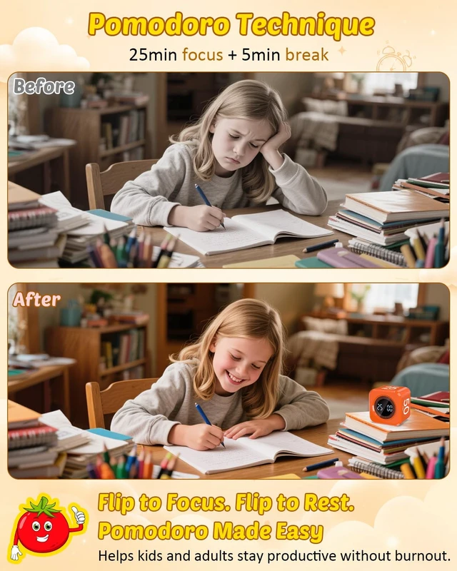 Alt view image 3 of 7 - Digital Pomodoro Timer Cube 5/10/25/50min Preset, Silent & Sound Alarm | Visual Productivity Flip Timer for Kids Classroom Desk, Custom Countdown, Gravity Sensor, for ADHD Study Work Game Kitchen