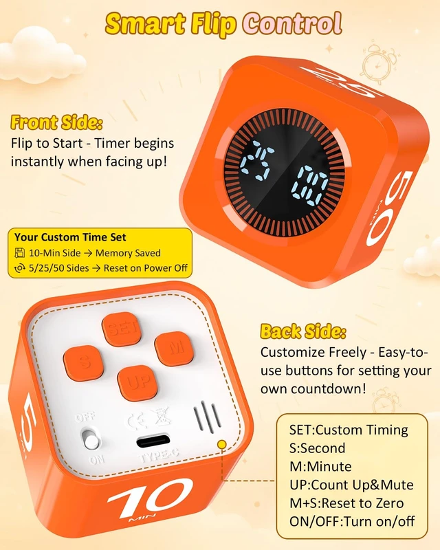 Alt view image 4 of 7 - Digital Pomodoro Timer Cube 5/10/25/50min Preset, Silent & Sound Alarm | Visual Productivity Flip Timer for Kids Classroom Desk, Custom Countdown, Gravity Sensor, for ADHD Study Work Game Kitchen