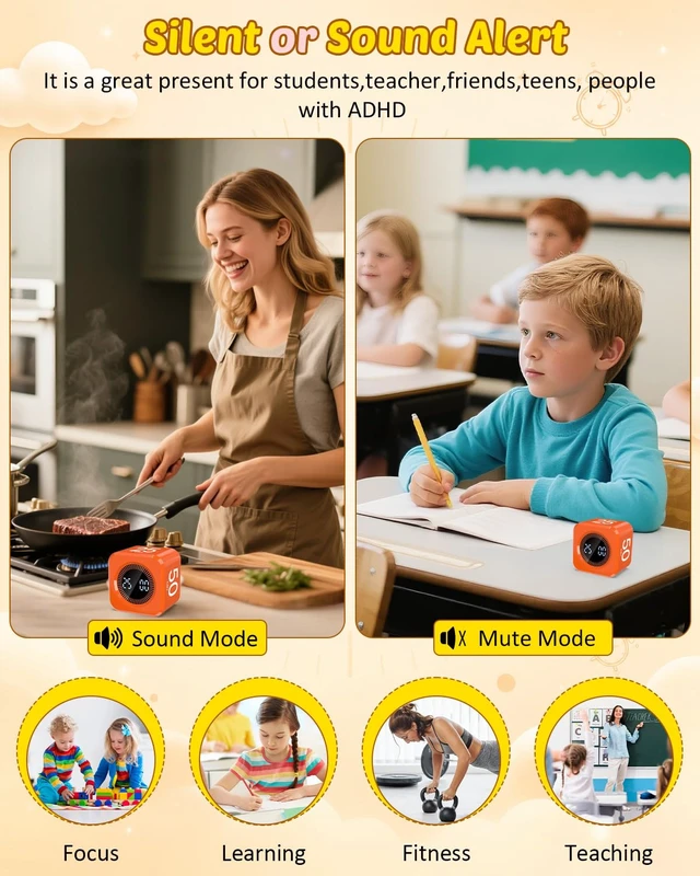 Alt view image 5 of 7 - Digital Pomodoro Timer Cube 5/10/25/50min Preset, Silent & Sound Alarm | Visual Productivity Flip Timer for Kids Classroom Desk, Custom Countdown, Gravity Sensor, for ADHD Study Work Game Kitchen