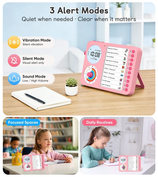 Alt view image 3 of 7 - 3-in-1 Visual Timer & ADHD Tool for Kids with Chore Chart & Planning Board | ADHD Timer with Digital Clock, Silent Task Timer for Adults with Visual Schedule for Home, School, Classroom, Work (Pink)