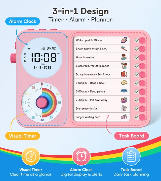 Alt view image 2 of 7 - 3-in-1 Visual Timer & ADHD Tool for Kids with Chore Chart & Planning Board | ADHD Timer with Digital Clock, Silent Task Timer for Adults with Visual Schedule for Home, School, Classroom, Work (Pink)