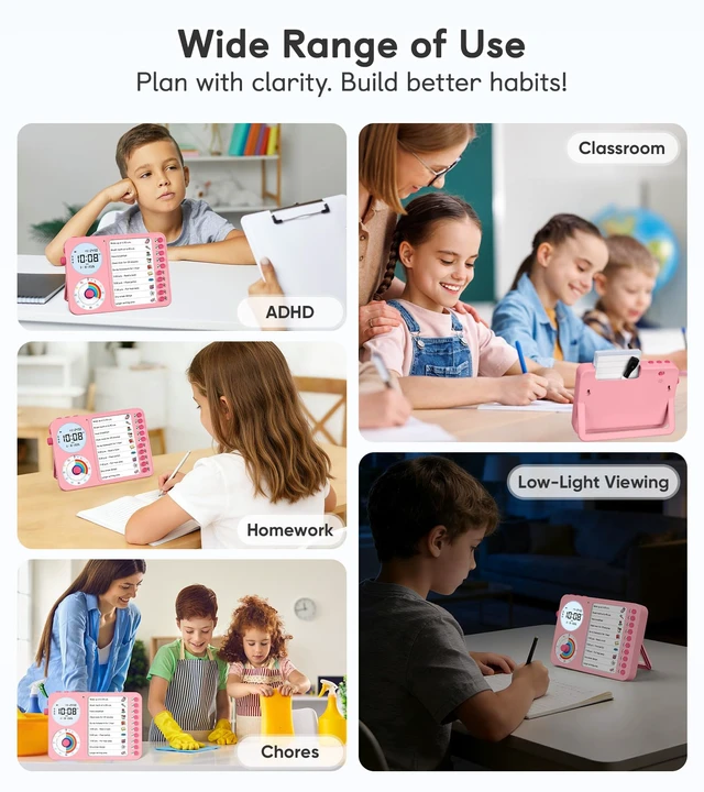 Alt view image 4 of 7 - 3-in-1 Visual Timer & ADHD Tool for Kids with Chore Chart & Planning Board | ADHD Timer with Digital Clock, Silent Task Timer for Adults with Visual Schedule for Home, School, Classroom, Work (Pink)
