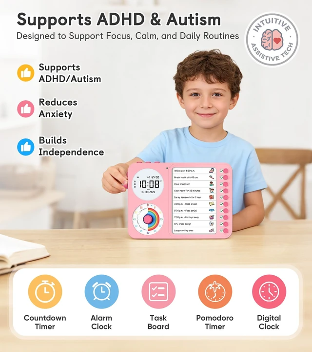 Alt view image 5 of 7 - 3-in-1 Visual Timer & ADHD Tool for Kids with Chore Chart & Planning Board | ADHD Timer with Digital Clock, Silent Task Timer for Adults with Visual Schedule for Home, School, Classroom, Work (Pink)