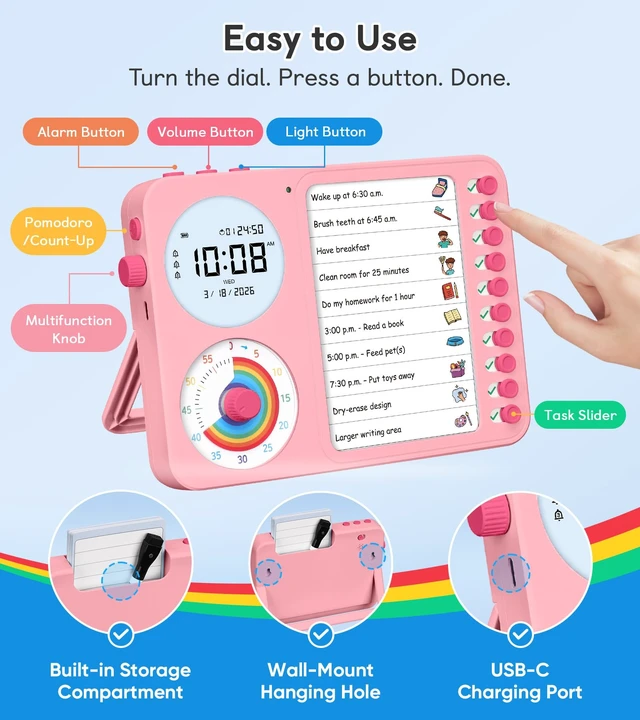 Alt view image 6 of 7 - 3-in-1 Visual Timer & ADHD Tool for Kids with Chore Chart & Planning Board | ADHD Timer with Digital Clock, Silent Task Timer for Adults with Visual Schedule for Home, School, Classroom, Work (Pink)