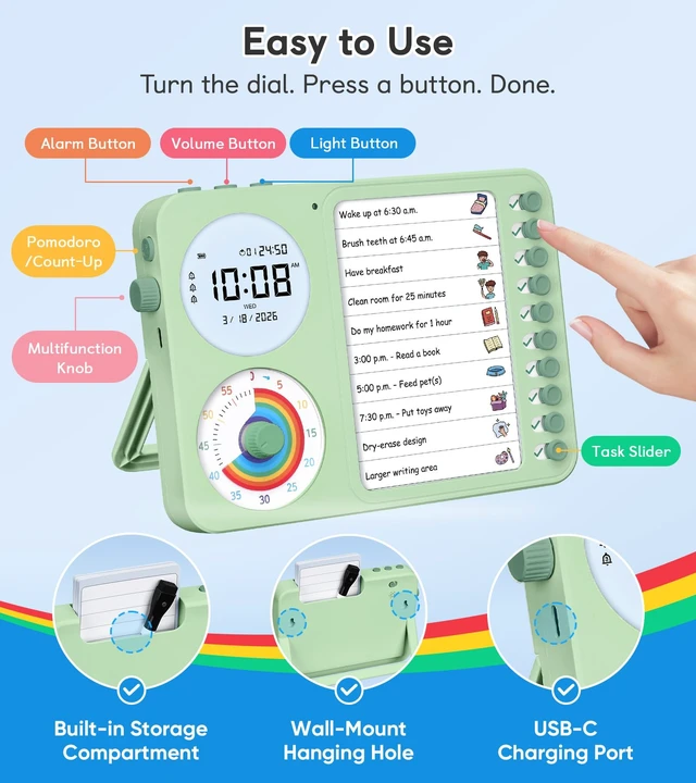Alt view image 5 of 7 - 3-in-1 Visual Timer & ADHD Tool for Kids with Chore Chart & Planning Board | ADHD Task Timer for Adults with Visual Schedule, To-Do List & Planning Board for Home, School, Classroom, Work