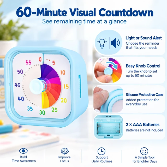 Alt view image 3 of 6 - Visual Timer, 60-Minute Countdown, Light or Sound Alert, Blue | Color visual countdown with silicone case for cooking, homework, study and daily routines